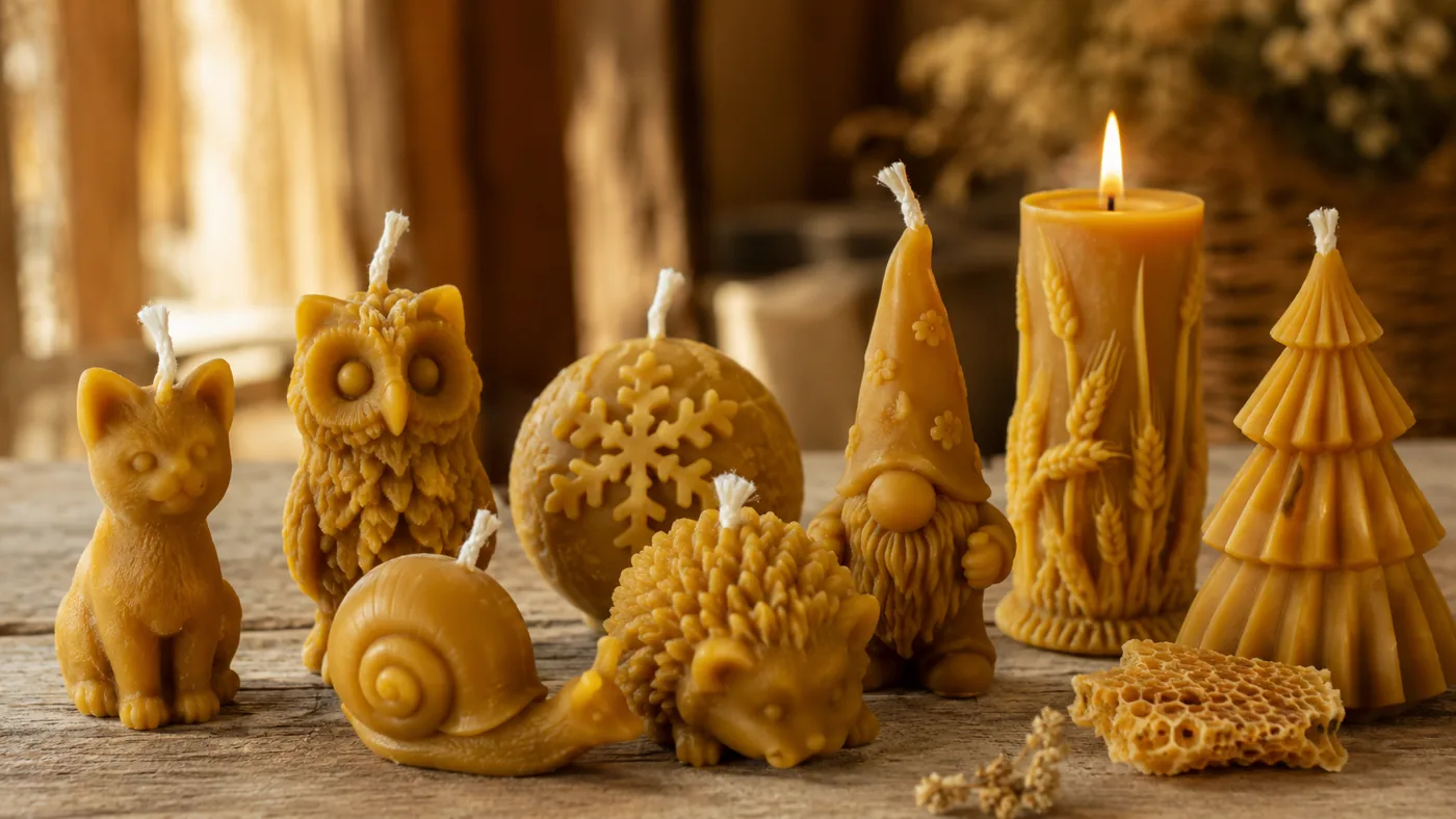 Assortiment de bougies en cire d'abeille de la miellerie : chat, chouette, hérisson, escargot, lutin, sapin, pilier aux épis de blé