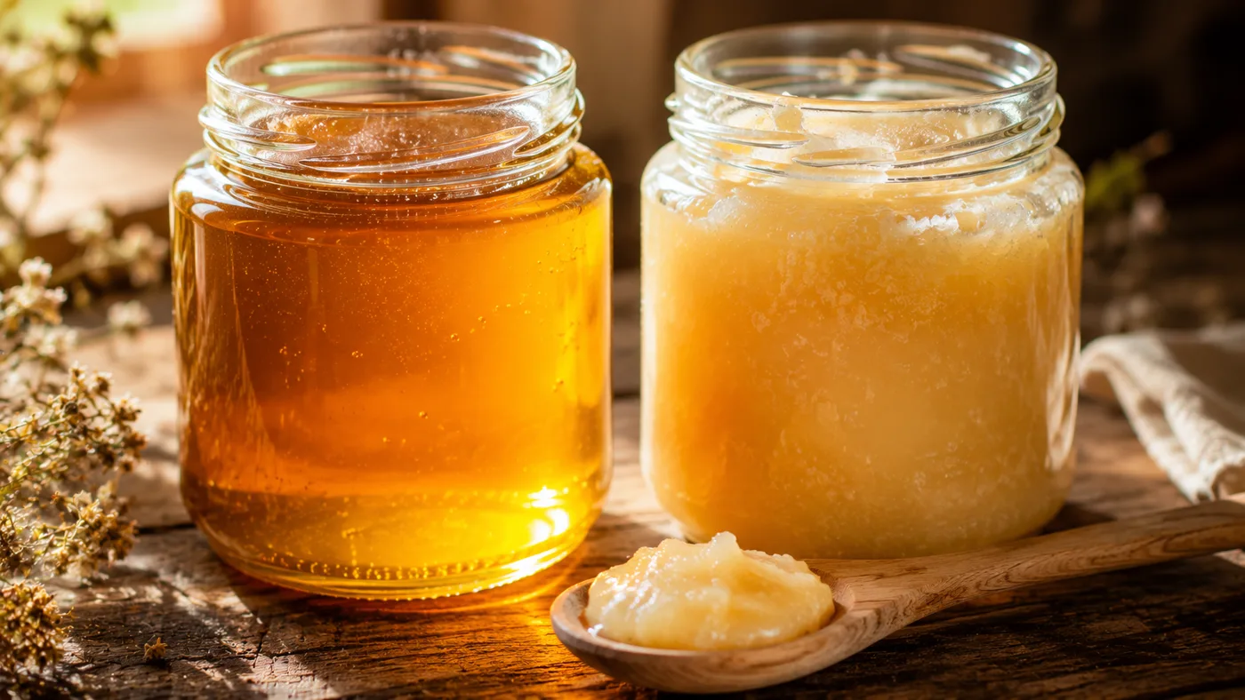 Miel liquide et miel cristallisé côte à côte