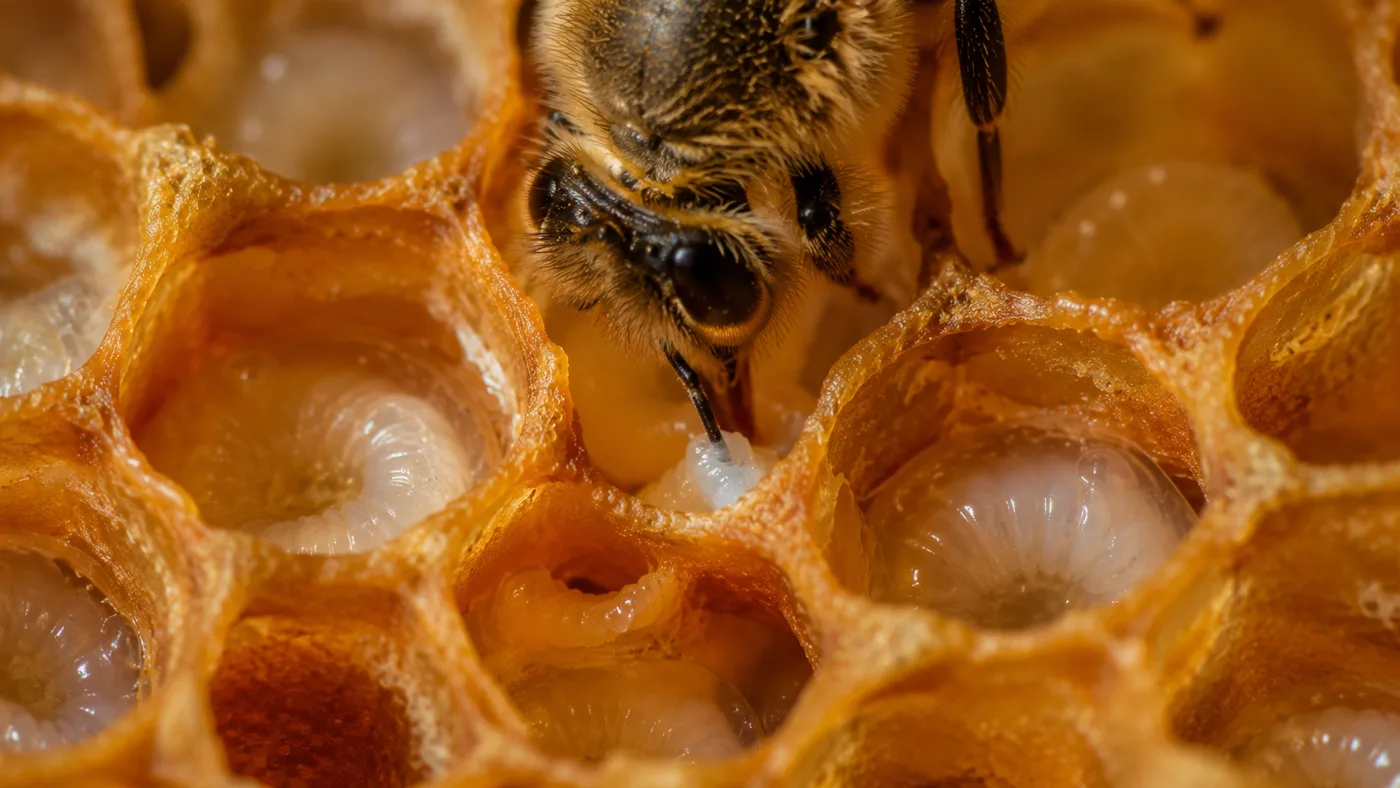 Une abeille nourrice penchée sur des alvéoles de couvain