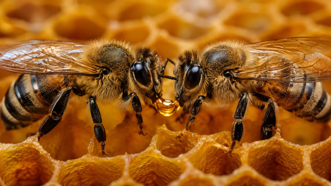 Deux abeilles échangeant du nectar bouche à bouche sur un rayon